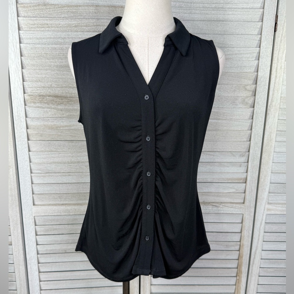 ADRIANNA PAPELL Button Front Collared Sleeveless Blouse Black-Medium
